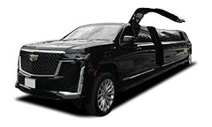 Extended Cadillac limo with open doors, highlighting upscale group or event travel comfort.