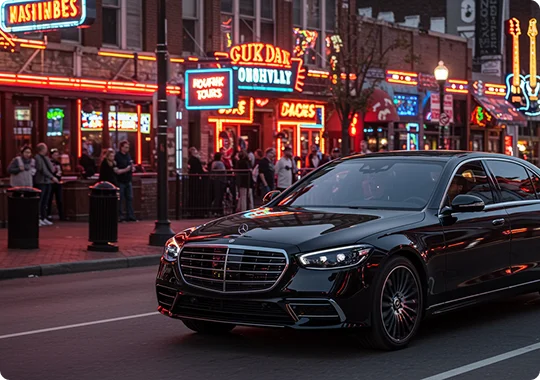 Black Mercedes luxury sedan parked along Nashville's neon-lit Broadway street, reflecting vibrant nightlife with pedestrians in the background.
