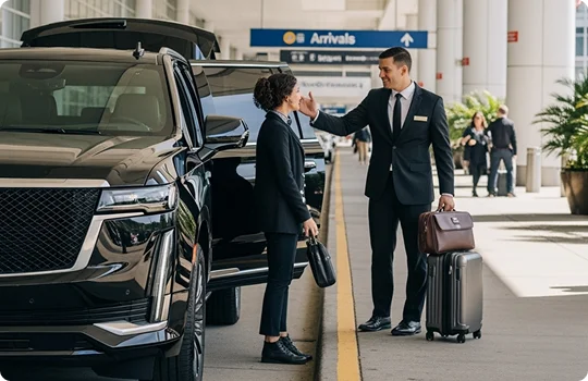A luxury SUV outside the airport arrivals zone as a smiling chauffeur welcomes a traveler with luggage.