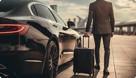 Business traveler in a suit walking beside a luxury black car with a suitcase at an airport drop-off zone during golden hour.