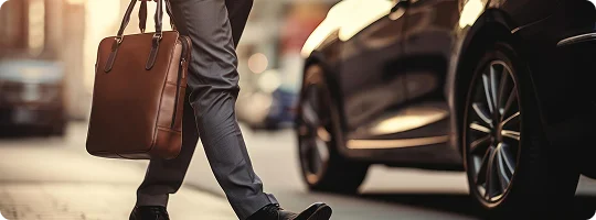 Close-up of a man in business attire walking towards a luxury car with a leather briefcase, street-level angle emphasizing motion and class.