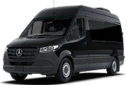Black Mercedes-Benz van with a spacious interior, supporting up to 14 passengers and ample luggage.